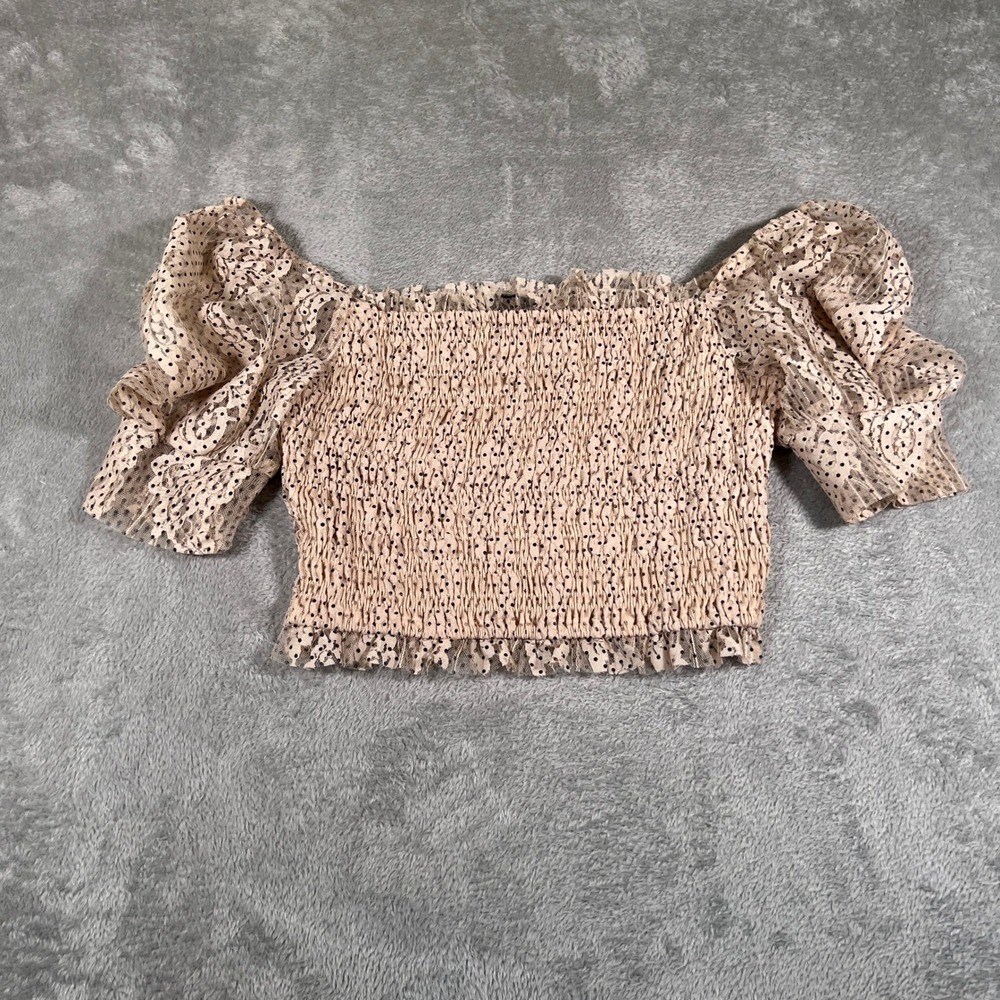The Sang Top Womens Large Beige Puff Sleeve Smocked‎ Crop Top Polka Dot